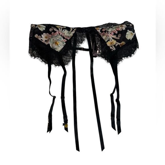 Victoria's Secret XS/SMALL DREAM ANGELS GARTER BELT Black Embroidered Floral - Picture 1 of 9